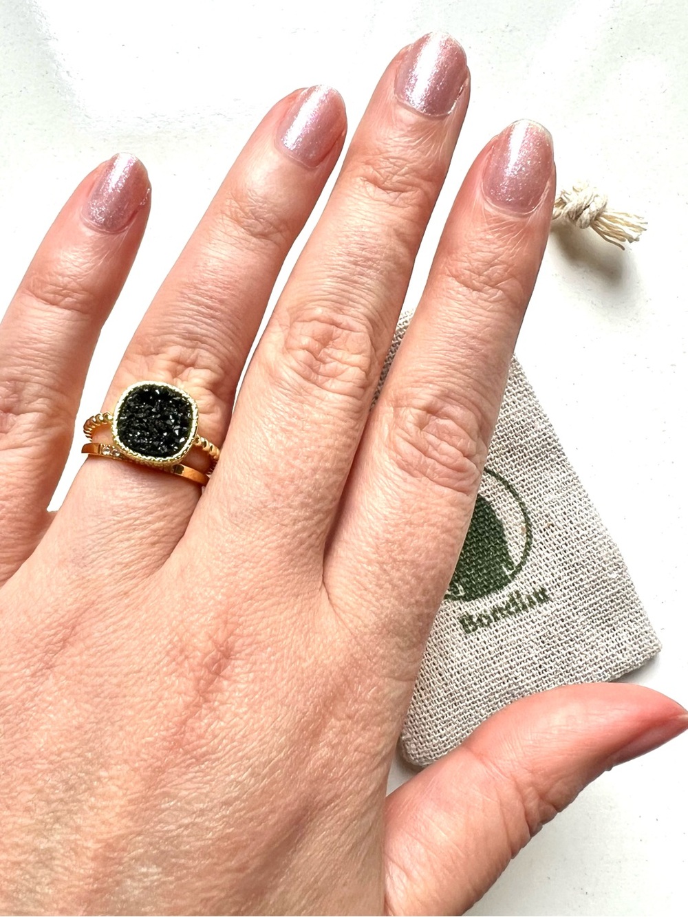 NWT Bondhu Black Druzy Stone Ring, Princess cushion